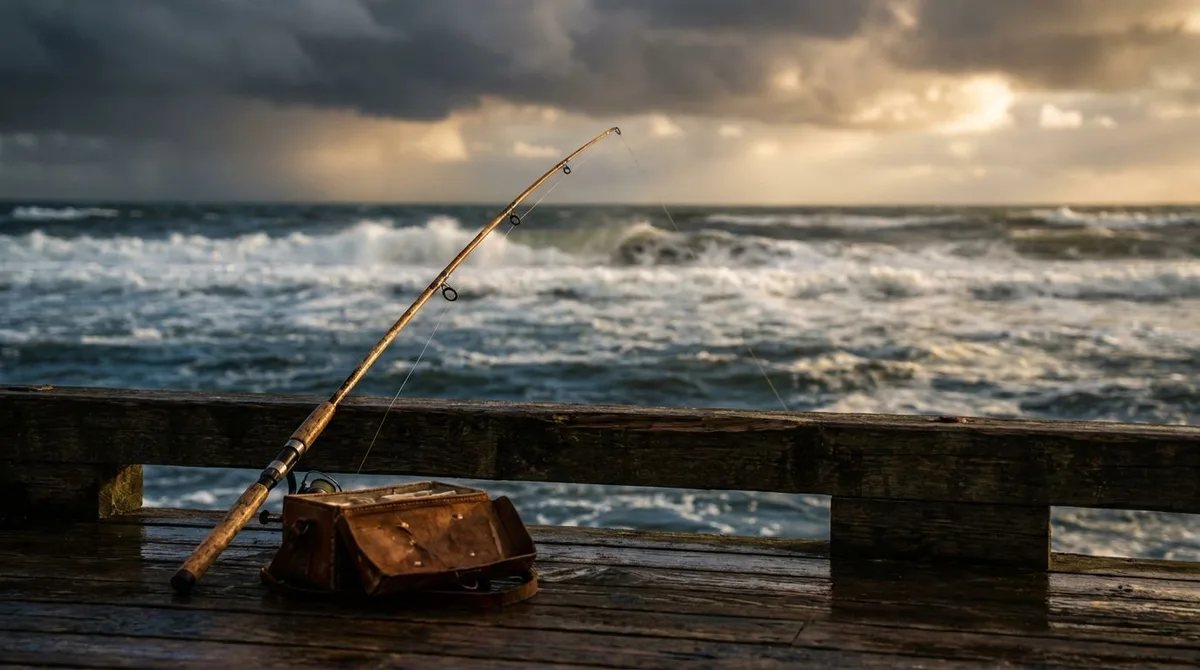 A lone fisherman sitting patiently on a dock over choppy, turbulent water, rod in hand, calmly waiting while waves churn around him. The scene captures stillness and discipline amid chaos, with stormy skies in the background but a focused, unhurried posture in the foreground. The contrast between the turbulent water and the fisherman's patient composure visually embodies the concept of selective, disciplined trading in a volatile market.