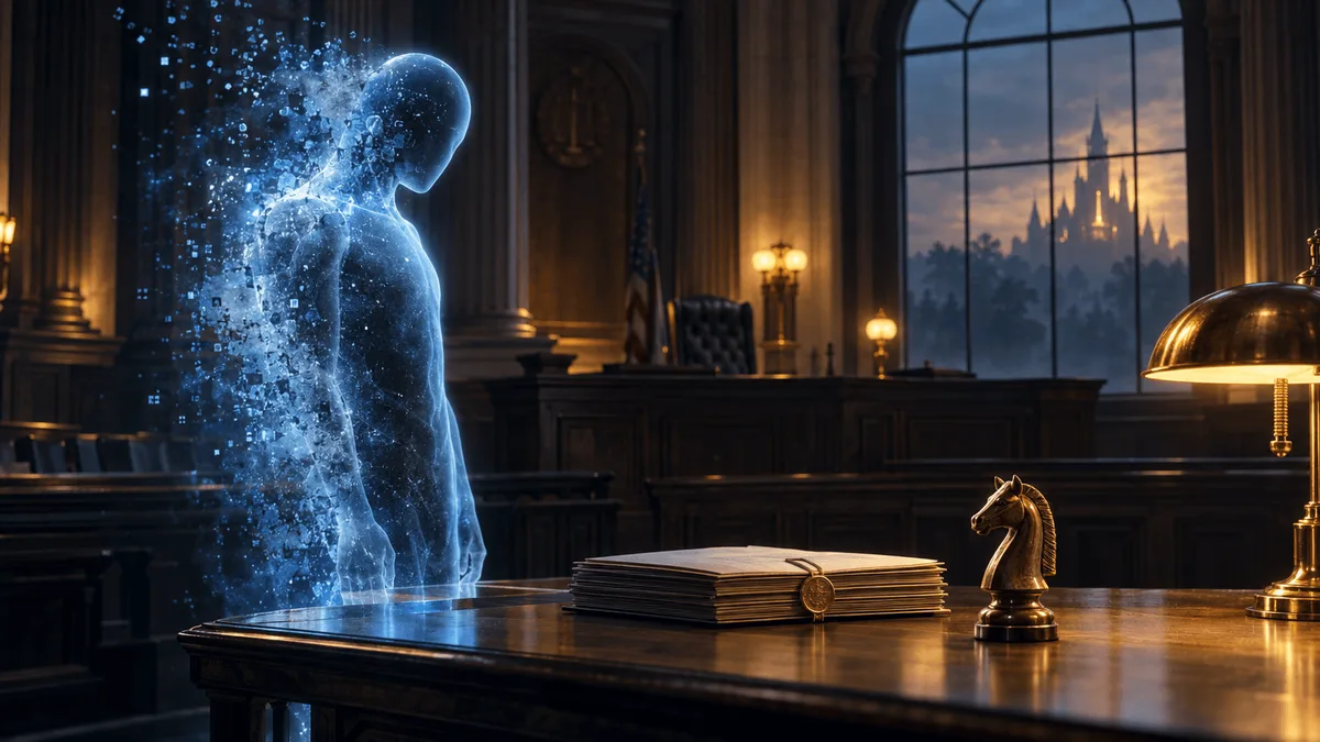 A conceptual courtroom scene with a translucent, dissolving light figure beside a table holding legal documents and a wooden chess knight, with a misty castle silhouette glowing in a distant window.