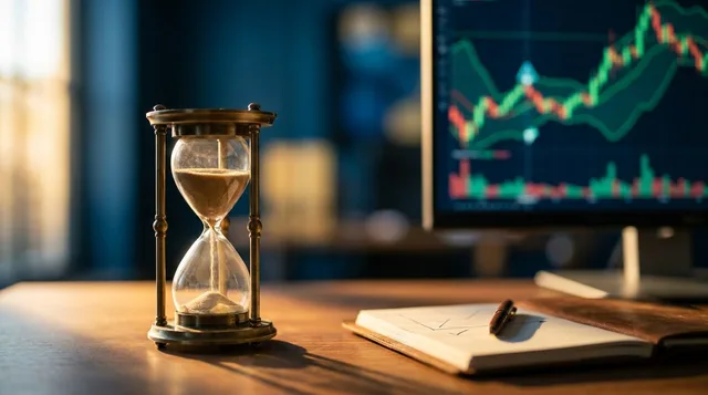 A patient trader sits calmly at a desk, watching a stock chart on a monitor while a clock or hourglass sits prominently beside them, symbolizing deliberate waiting. The scene conveys quiet focus rather than anxiety — perhaps with a checklist or notepad nearby suggesting a clear, pre-defined plan. Warm, steady lighting reinforces the sense of confident patience rather than frantic market-watching.
