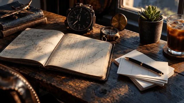A weathered wooden desk holds an old aviation-style flight logbook lying open beside a vintage altimeter and compass, their brass fittings catching soft window light.