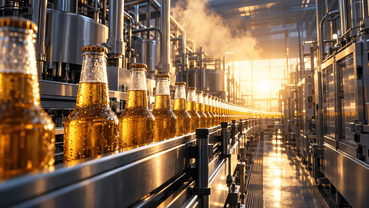 Wide shot of a sunlit bottling production line with rows of glass bottles moving through industrial machinery, symbolizing corporate growth and operational momentum.