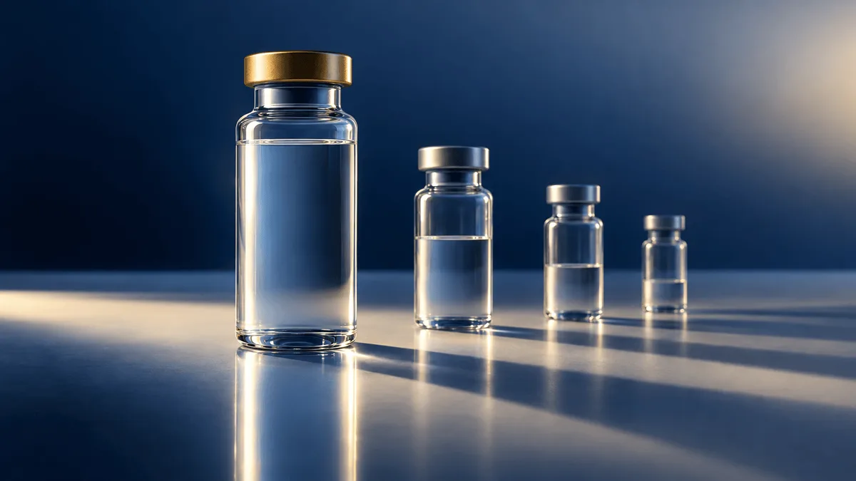 Minimalist still life of pharmaceutical vials with varying liquid levels under dramatic side lighting, symbolizing sustained versus declining performance.