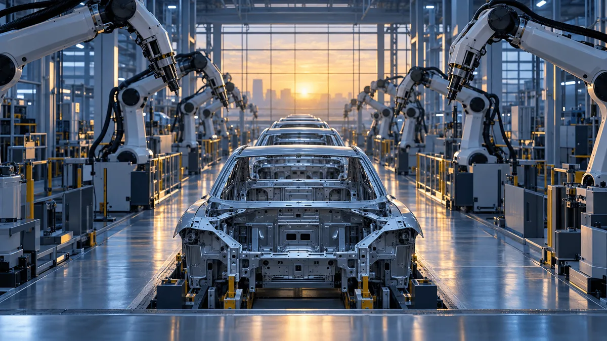 Wide view of an automotive factory floor at dawn with robotic arms over a vehicle production line, symbolizing industrial strength and renewed corporate confidence.