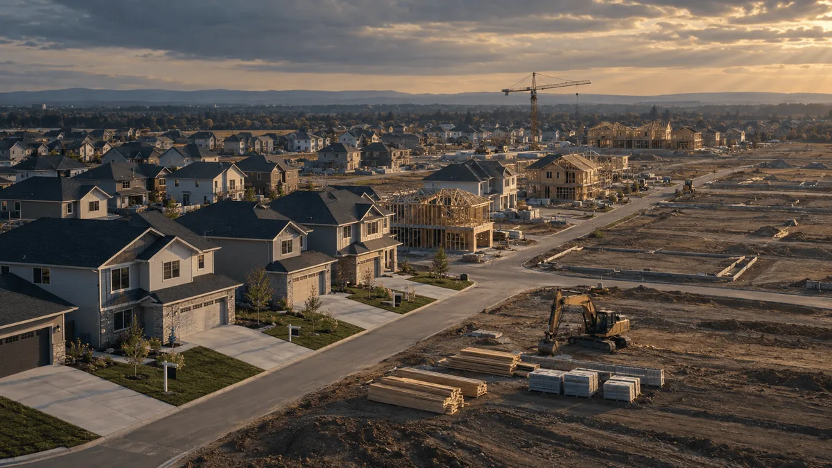 Aerial view of a suburban housing development at dusk, showing rows of newly built and partially constructed homes alongside idle construction equipment, symbolizing a homebuilder scaling back production amid a slowing market.
