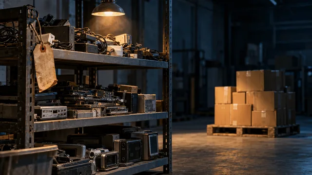 A warehouse clearance rack of discounted electronics—old chargers, dusty circuit boards, and outdated gadgets—sits under a single overhead bulb in an otherwise empty storage room.
