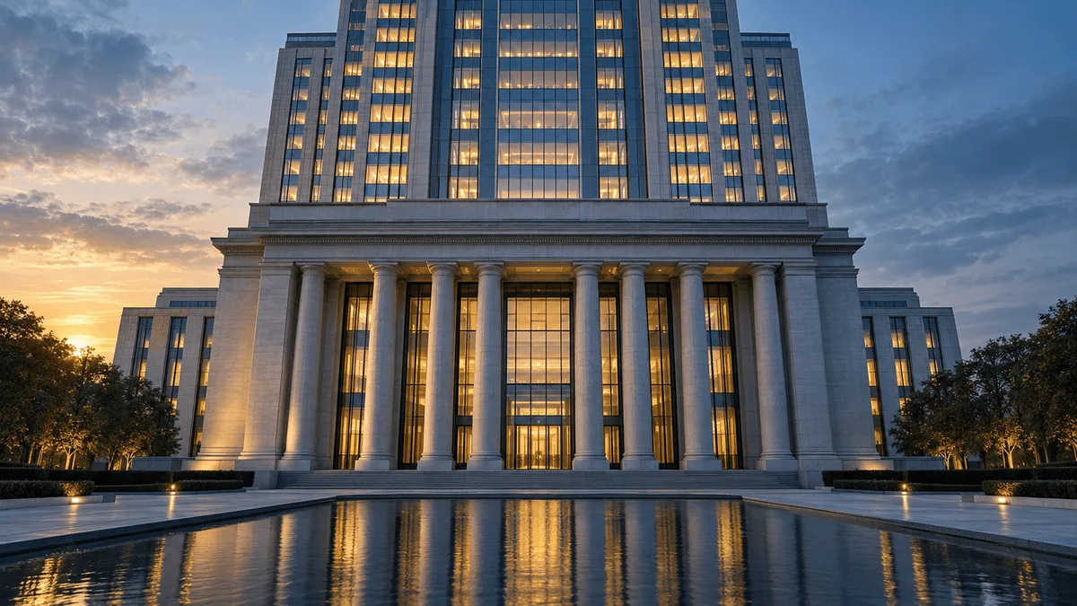 A grand bank headquarters building at dawn, its columned stone base and glass upper floors glowing with warm interior light against a cool morning sky.