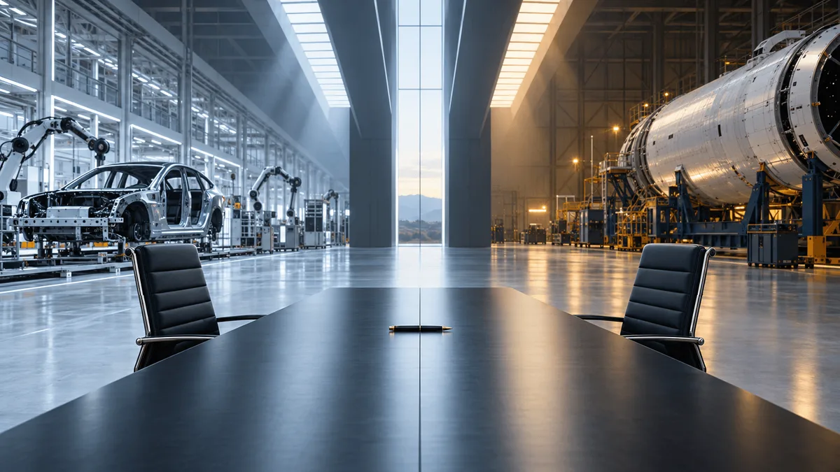 An empty boardroom table divides a car factory floor from a rocket assembly hangar, with two vacant chairs facing each other and a pen placed between them, symbolizing two companies weighing a merger.
