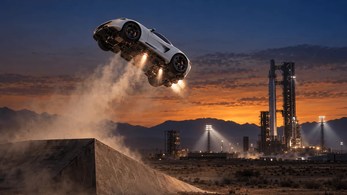 A white sports car flipping in mid-air with visible underbody thrusters above a desert rocket test site at dusk, with a distant launch tower silhouette.