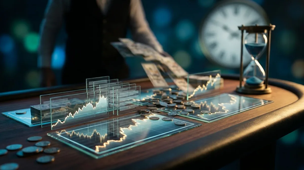 A confident figure stands behind a casino dealer's table, but instead of cards, the table displays stock charts and options contracts with coins and currency flowing toward the dealer's side.
