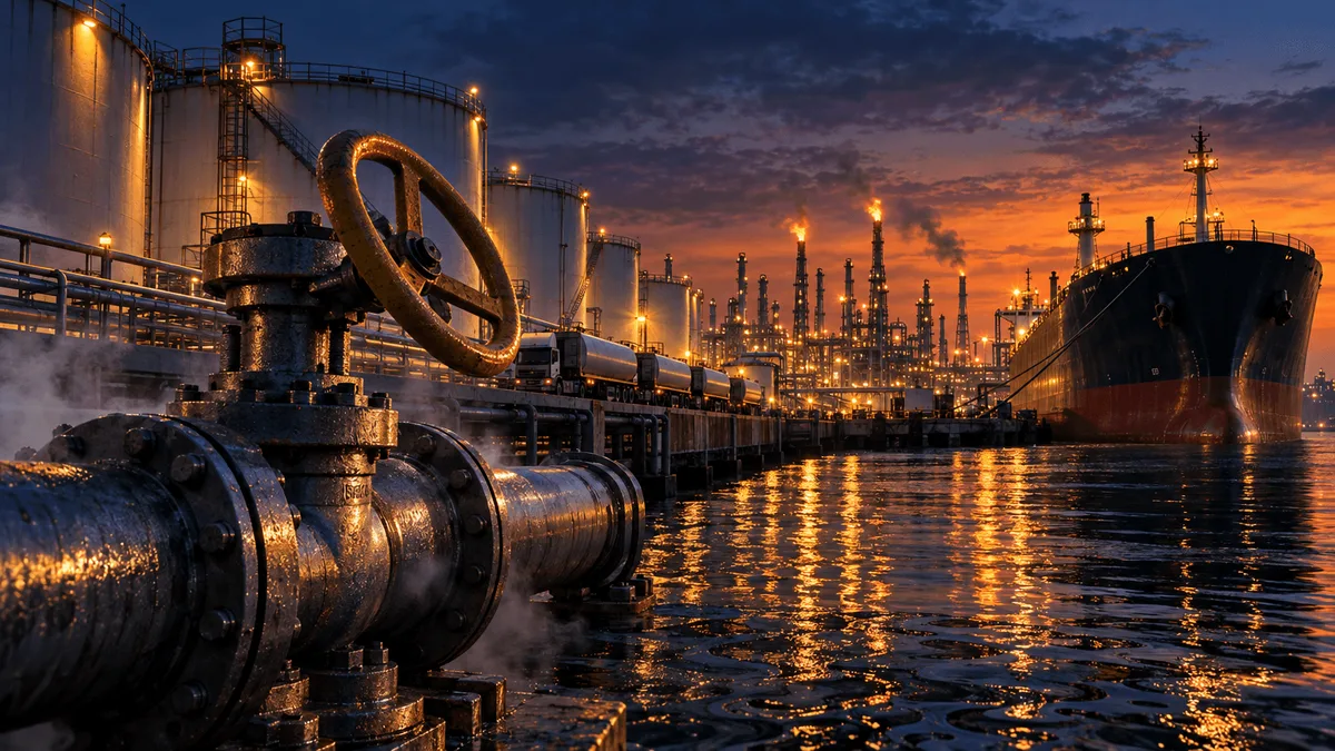 Wide industrial dusk scene of a diesel storage tank farm and tanker dock with a large valve wheel half-turned in the foreground and a refinery skyline glowing in the background.