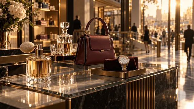 A warmly lit luxury boutique interior with a glass counter displaying a perfume bottle, crystal glasses, a leather handbag, and a jeweled watch, evoking the varied divisions of a global luxury group amid a backdrop of a softly blurred retail atrium.