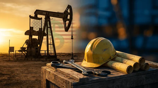 A weathered oil derrick rising from a dusty Venezuelan field at sunset, its structure subtly overlaid with the faint outline of an American flag or dollar-green tint to suggest political and financial stakes.