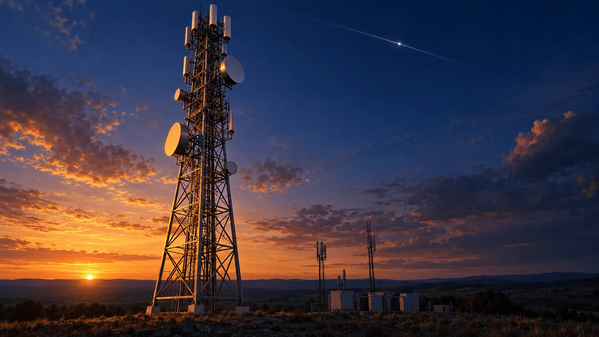 A tall cell tower glowing in golden evening light stands prominently against a twilight sky crossed by a faint satellite trail, while smaller telecom equipment sits dimmed in shadow in the background.