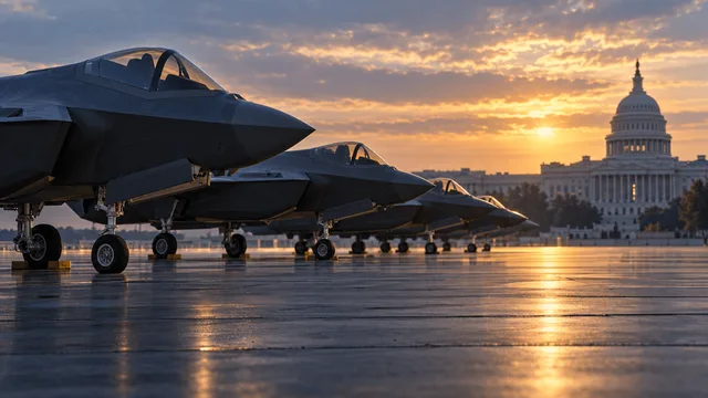 A row of F-35 fighter jets parked on a tarmac at dawn, with a government building silhouetted softly in the distant background.