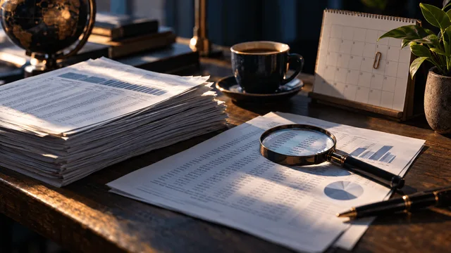A weathered wooden desk holds a stack of dense printed financial statements beside a slim single-page summary sheet, a magnifying glass resting on top of a row of numbers.