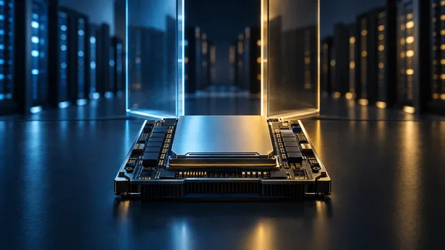 A single advanced computer chip module lit by contrasting blue and amber light, positioned behind a partially open glass partition with blurred server racks in the background.