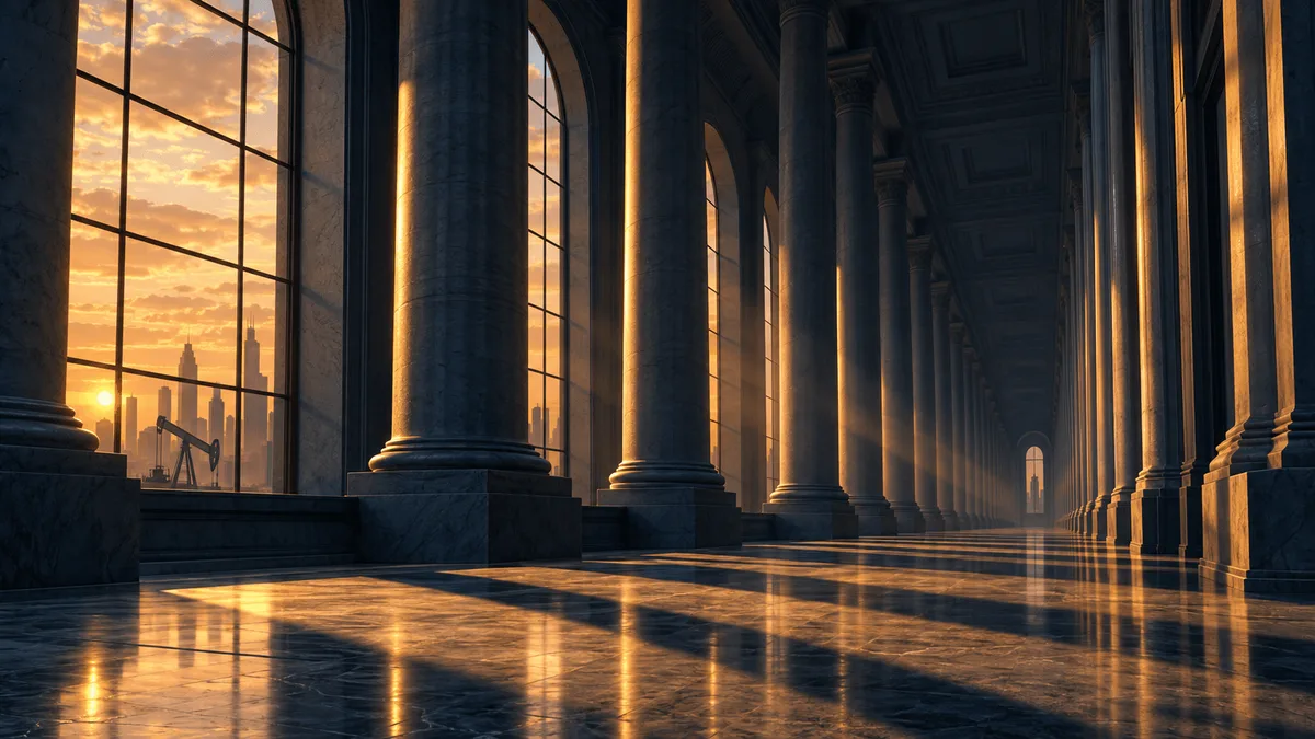 A grand hall of stone columns bathed in amber sunset light, with a distant oil pump jack and bank towers visible through tall windows, symbolizing long-term financial pressure.