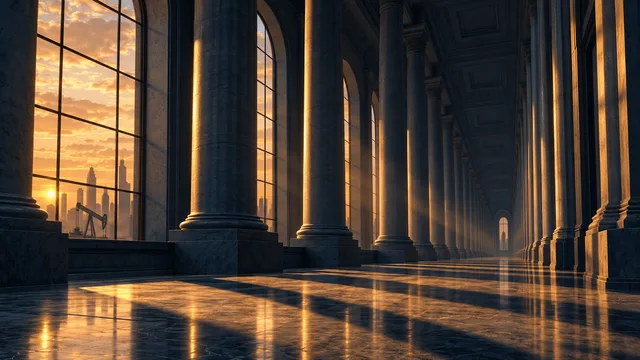 A grand hall of stone columns bathed in amber sunset light, with a distant oil pump jack and bank towers visible through tall windows, symbolizing long-term financial pressure.
