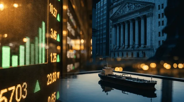 A split visual showing the iconic Dow Jones ticker board displaying record-high green numbers on one side, while the other side features a Federal Reserve building bathed in cool, hesitant blue light, symbolizing the tension between market