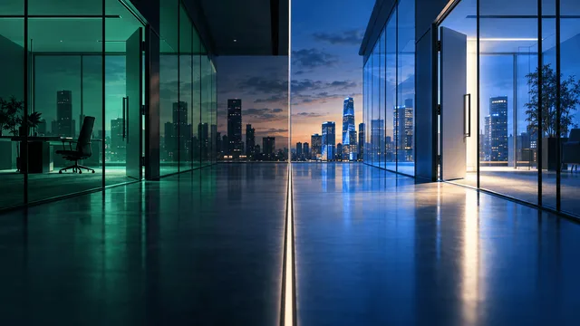A symbolic architectural scene of two glass corporate corridors at dusk—one dimming in teal light with an empty office chair, the other brightening in blue light with an open door—representing an executive transition between two companies.