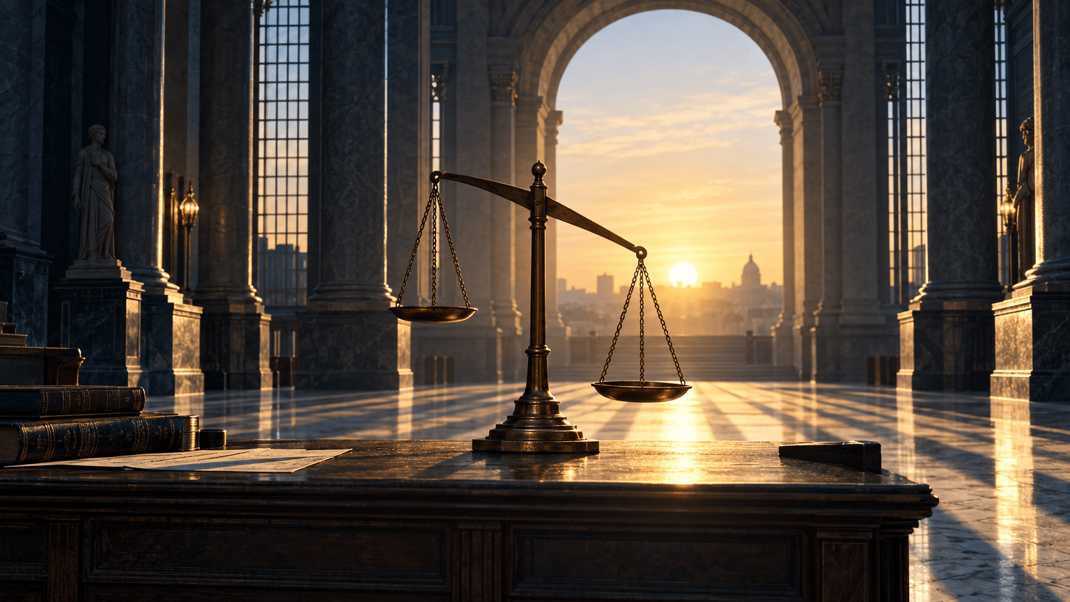 A grand, empty classical bank hall at sunrise with a tipped brass balance scale on an oak table, symbolizing rising bond yields and mounting financial pressure.