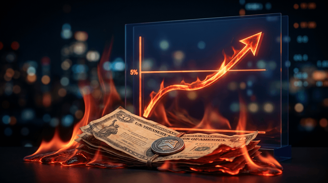 A dramatic upward-trending yield curve graph rendered in glowing red and orange tones against a dark background, with a bold arrow piercing through the 5% threshold line.