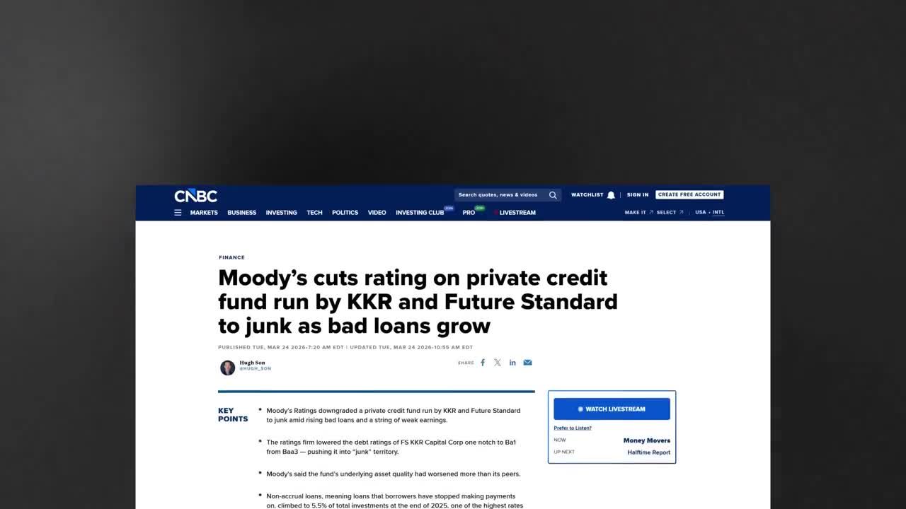 CNBC article headline: 'Moody's cuts rating on private credit fund run by KKR to junk as bad loans grow'