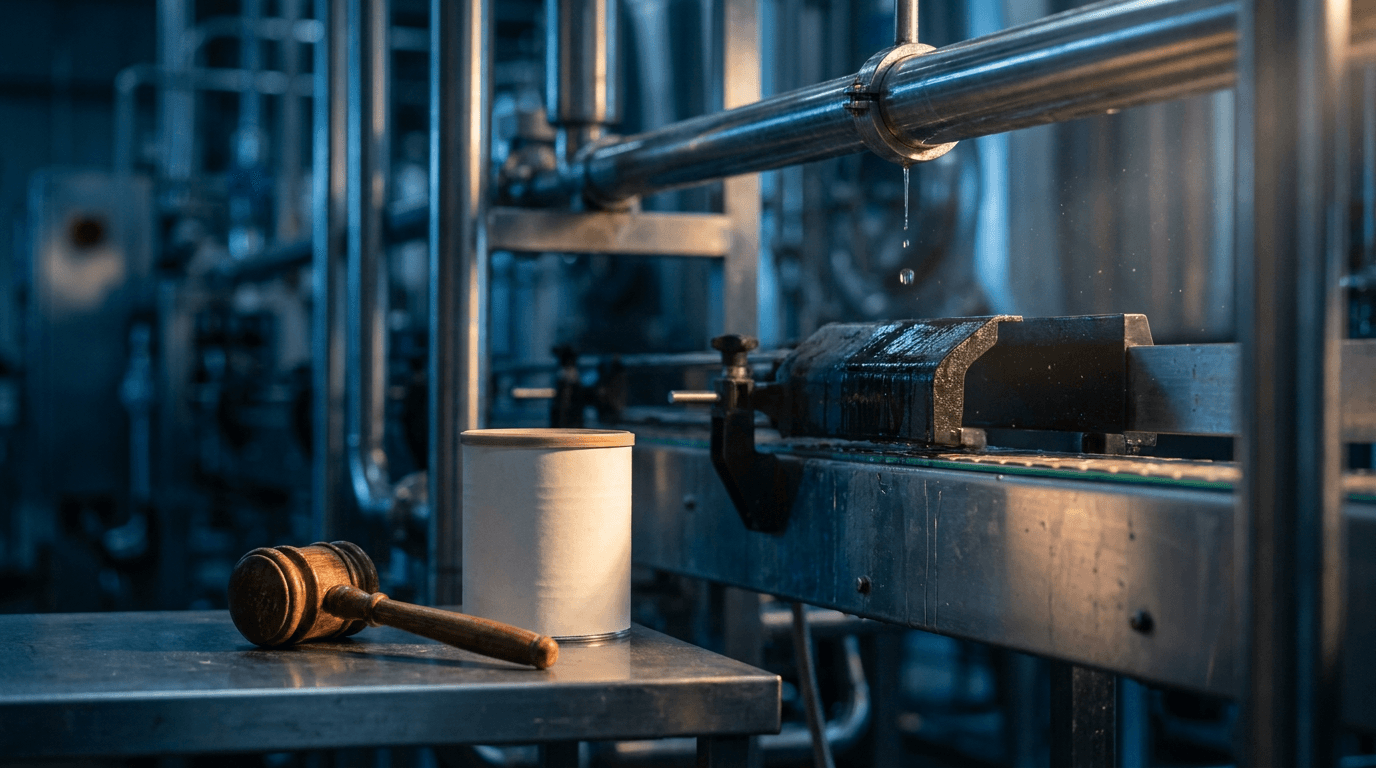 A stainless-steel infant formula manufacturing line inside a dimly lit industrial plant, with a visible water leak dripping from an overhead pipe onto packaging equipment below, evoking the contamination concerns described in the case.