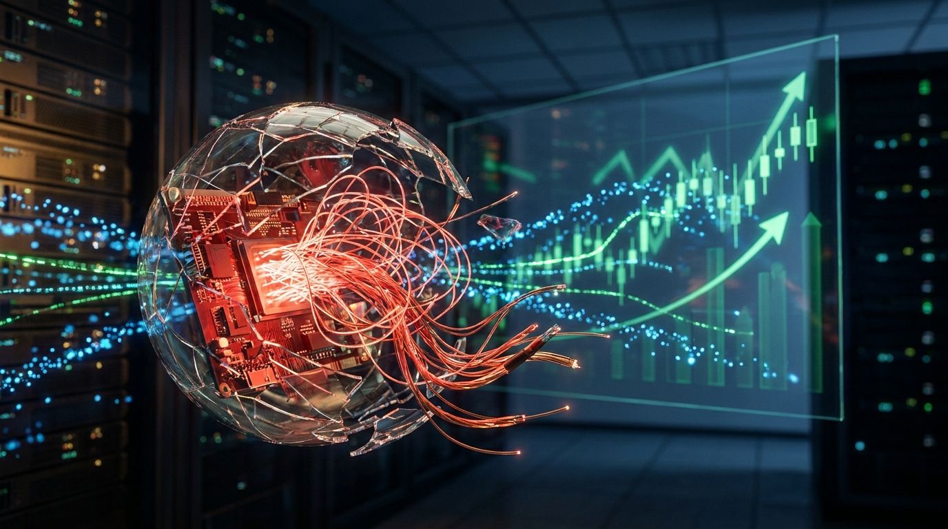 A glowing red AI neural network or circuit brain is depicted breaking free from a cracked digital cage or shattered containment sphere, with streams of data and code spilling outward into a dark cyberspace environment.