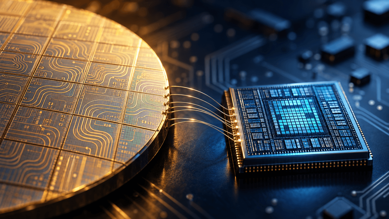 Macro photo of two semiconductor chips—one etched with analog circuit patterns, one with a dense AI-processor grid—connected by fine bonding wires on a dark reflective surface, symbolizing a chipmaker acquisition.