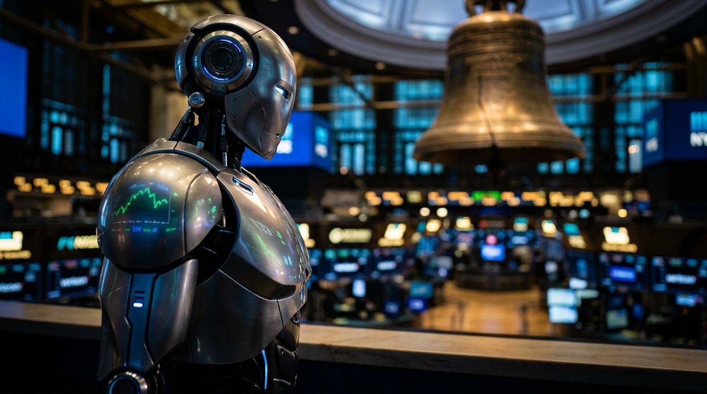A sleek AI robot or humanoid figure stands at the threshold of a grand stock exchange trading floor, with glowing ticker symbols and upward-trending green charts reflected in its metallic surface.
