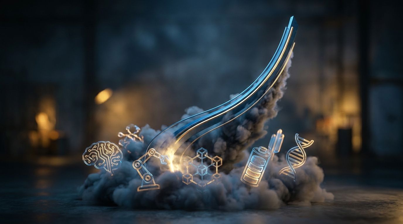 A dramatic upward-sweeping graph or rocket trajectory bursting through clouds, rendered in bold electric blues and golds against a dark background, symbolizing explosive economic growth that defies conventional forecasts.