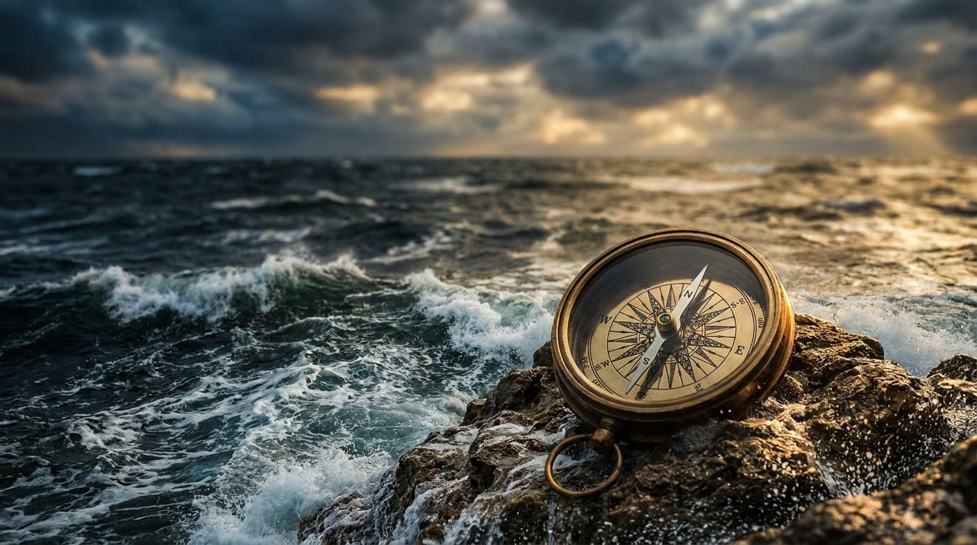 A turbulent ocean with waves going in multiple directions, showing choppy, unpredictable water under a dramatic stormy sky with occasional breaks of light. In the foreground, a single steady compass or ship's wheel remains firmly anchored, symbolizing disciplined focus amid market chaos. The contrast between the violent, directionless waves and the calm, unwavering instrument visually captures the article's core message about maintaining conviction during volatile market conditions.