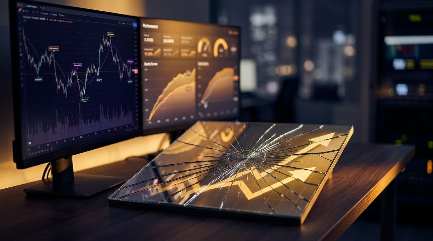 A trader sits at a dual-monitor setup in a dimly lit room, with one screen displaying a detailed historical price chart overlaid with strategy entry and exit markers, and the other showing performance metrics and equity curves.