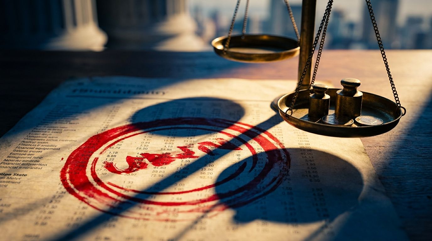 A sharp, dramatic close-up of a financial balance sheet document with a bold red warning stamp or red ink markings bleeding across the numbers, suggesting danger hidden within the data.