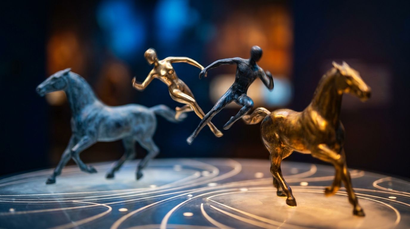 A powerful visual of a wealthy investor or jockey mid-leap, dramatically switching from one galloping horse to another against a dynamic stock chart background with rising and falling trend lines. The horses could be color-coded to represent different market sectors — one fading and stumbling while the other surges forward with energy. The scene should feel cinematic and high-stakes, conveying the idea of strategic momentum shifts rather than retreat or panic.