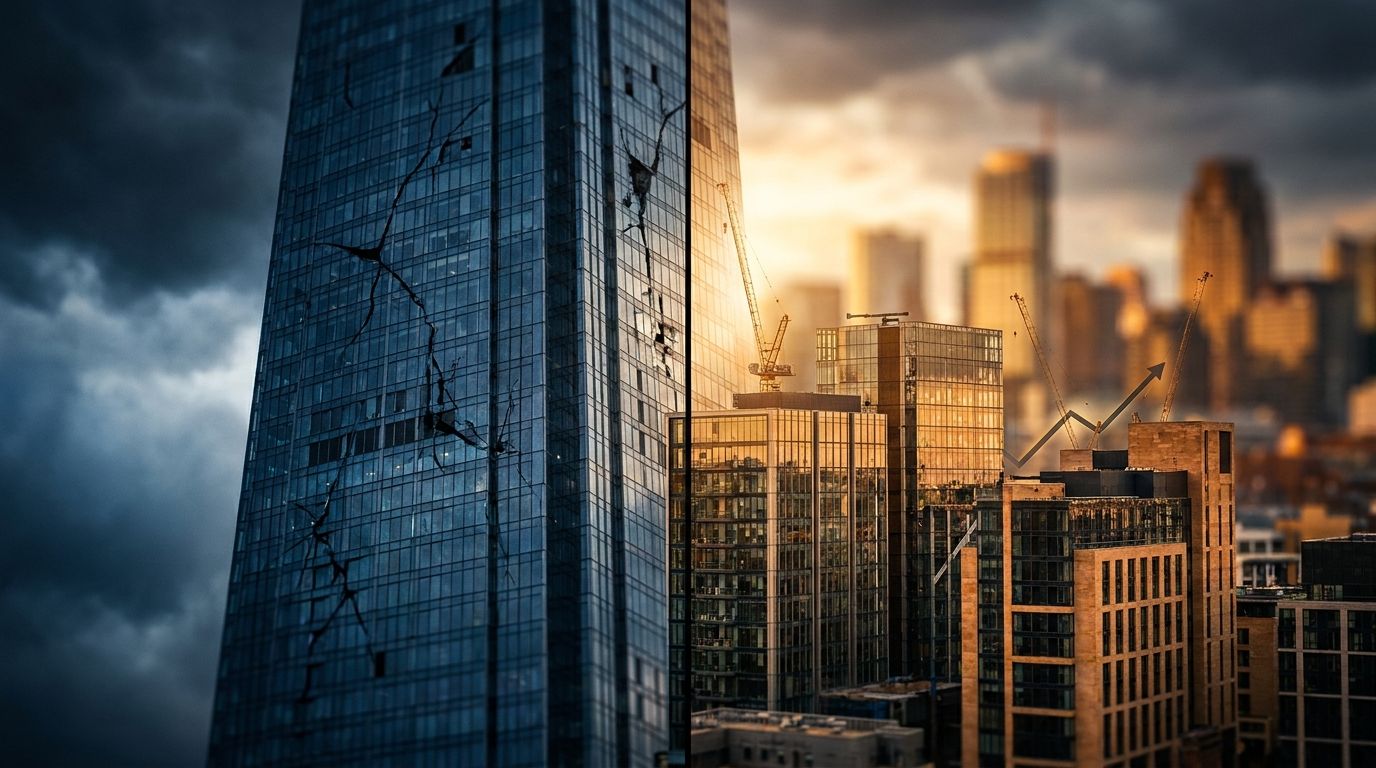 A dramatic split-screen visual showing a towering skyscraper (representing Big Tech) with visible cracks forming in its glass facade, while in the foreground, a cluster of smaller, brightly lit buildings stand strong and upward-trending. The contrast between the crumbling giant and the resilient smaller structures immediately conveys the market rotation story. Bold, dynamic lighting — perhaps a stormy sky behind the large building and a break of sunlight illuminating the smaller ones — reinforce