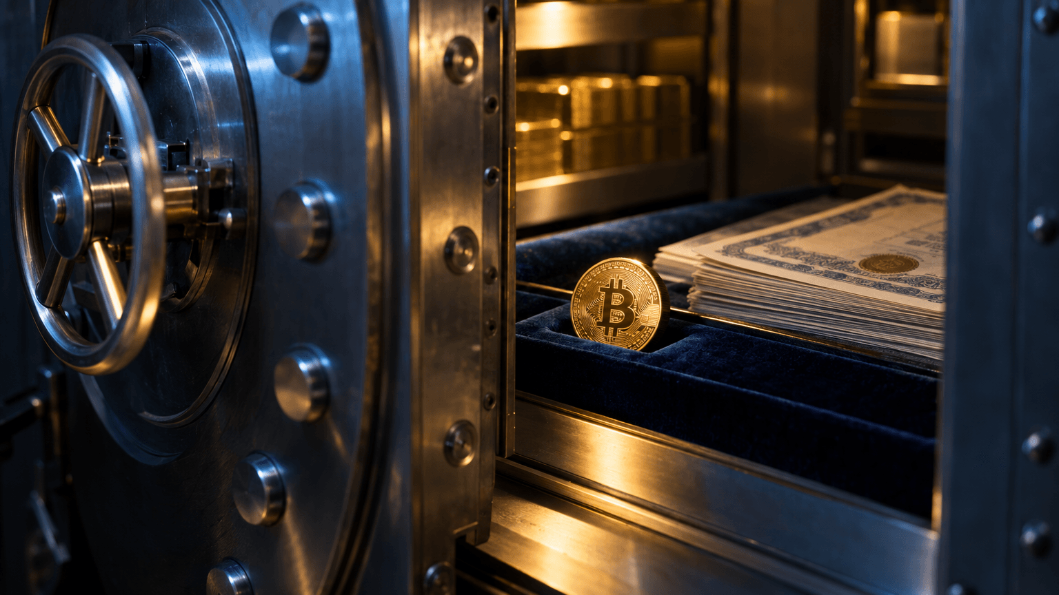 A steel bank vault door stands half-open, and just inside sits a small gold-plated coin engraved with a stylized "B," resting on a velvet-lined tray next to a neat stack of paper stock certificates.