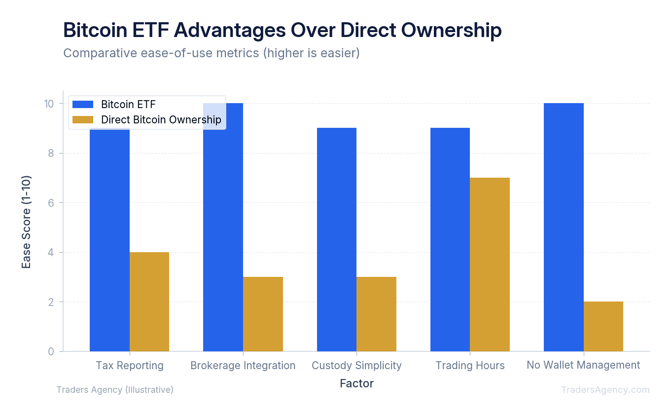 Multi-line chart showing custody complexity, tax reporting ease, and trading accessibility across Bitcoin ETF and direct ownership methods