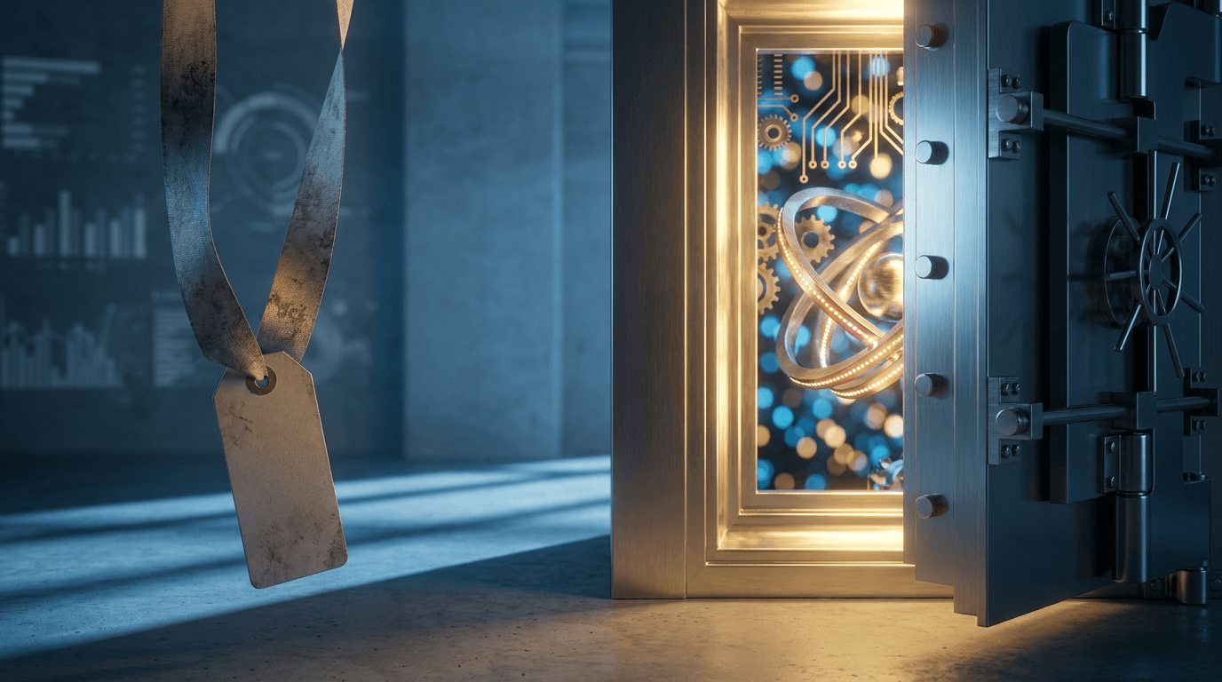 A split composition showing a glowing vault or safe door partially open, revealing golden light and the recognizable logos or abstract representations of futuristic AI and space technology companies inside.