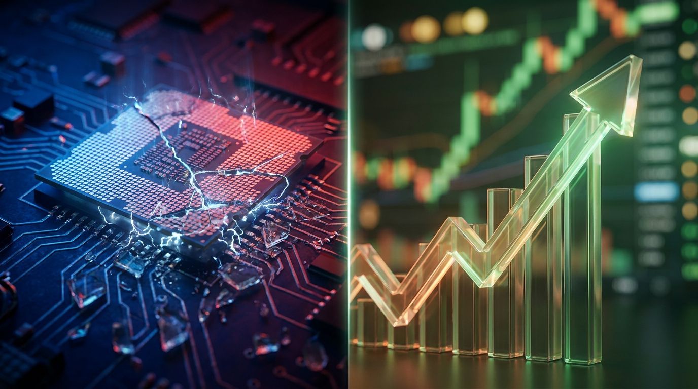 A dramatic split-screen visual showing a glowing semiconductor chip or circuit board on one side cracking or shattering downward, contrasted against a rising green stock chart or upward arrow on the other side.