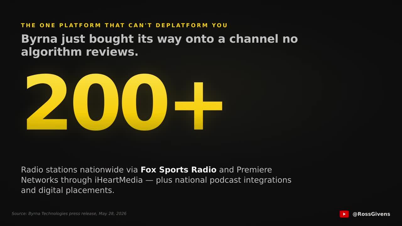 Stat overlay showing Byrna reaches 200+ radio stations via Fox Sports Radio and Premiere Networks