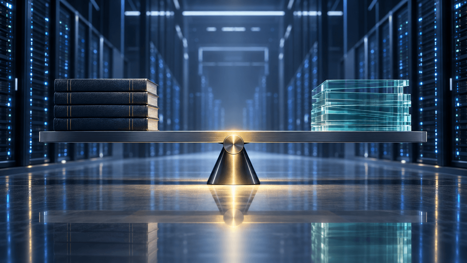A steel balance beam in a dim data-center hall holds dark ledger-like slabs on one side and translucent glass panes on the other, perfectly level under a single warm spotlight amid glowing blurred server racks.