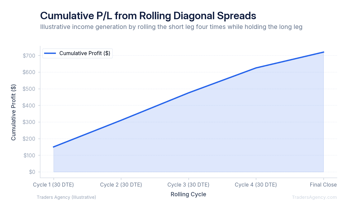 Area chart showing cumulative profit from rolling short calls in a diagonal spread across four consecutive cycles