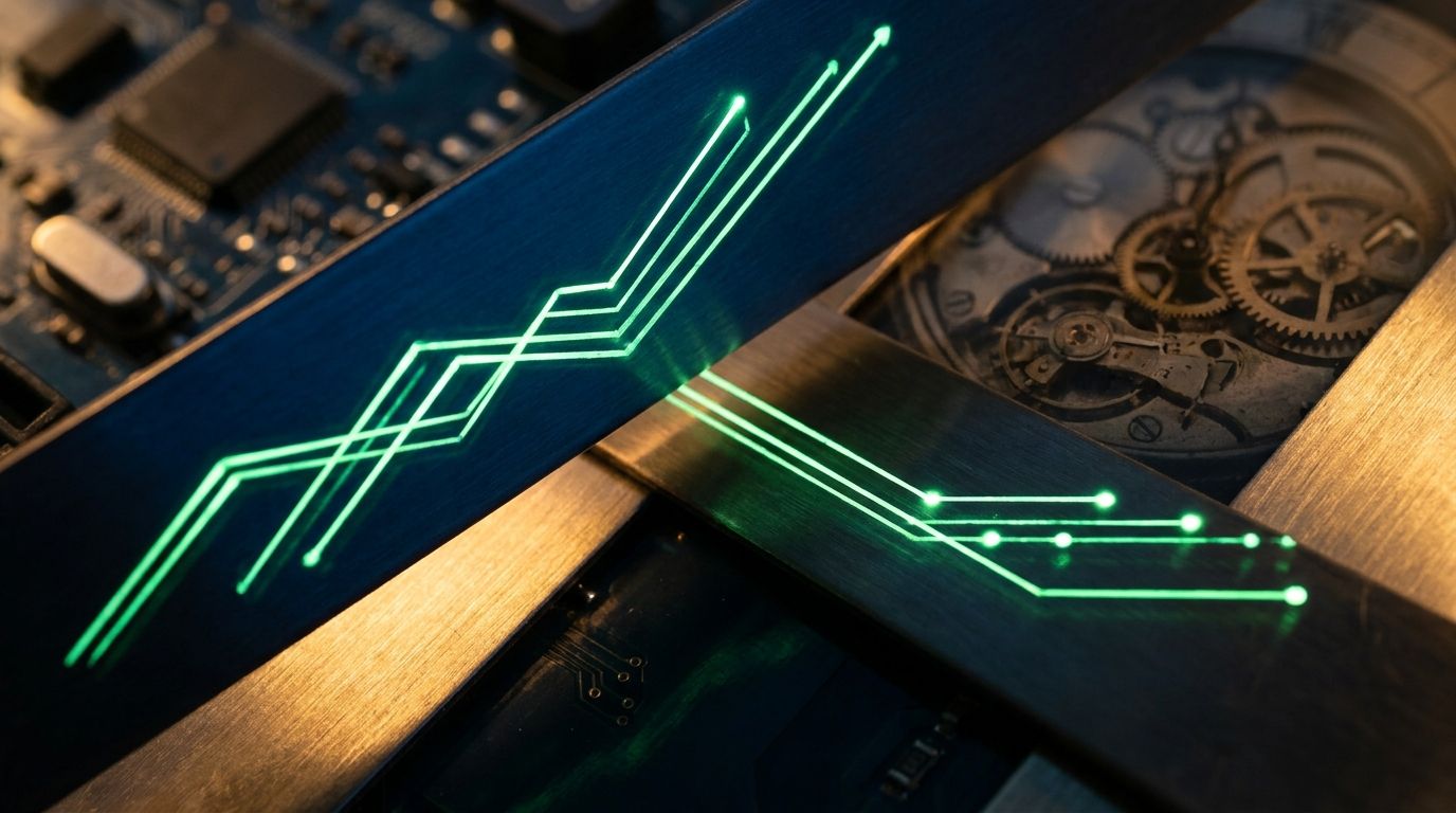 A split diagonal composition showing two stock option chains or financial charts positioned at contrasting angles, visually representing the "different strikes, different expirations" concept with one chart ascending directionally and anoth