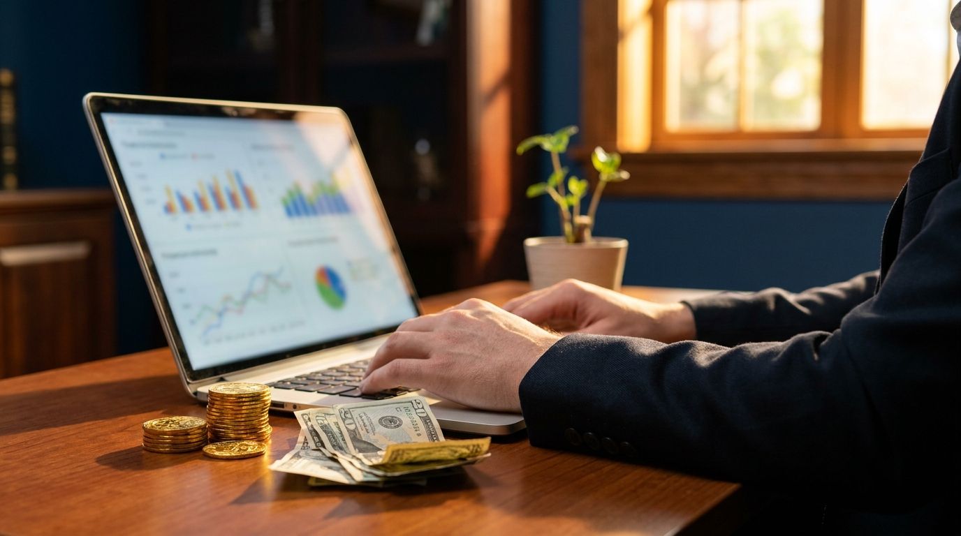 A confident investor sits at a clean desk reviewing financial charts on a laptop, with physical dollar bills or gold coins visibly flowing or stacking beside them, symbolizing passive income generation.