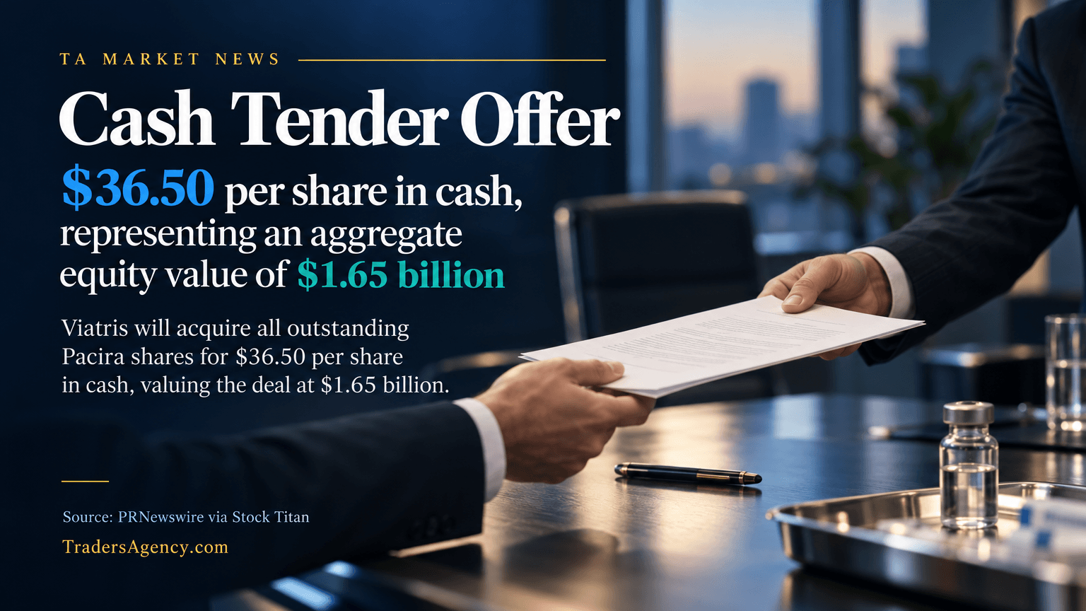 Illustration symbolizing a corporate cash acquisition agreement between two pharmaceutical companies.