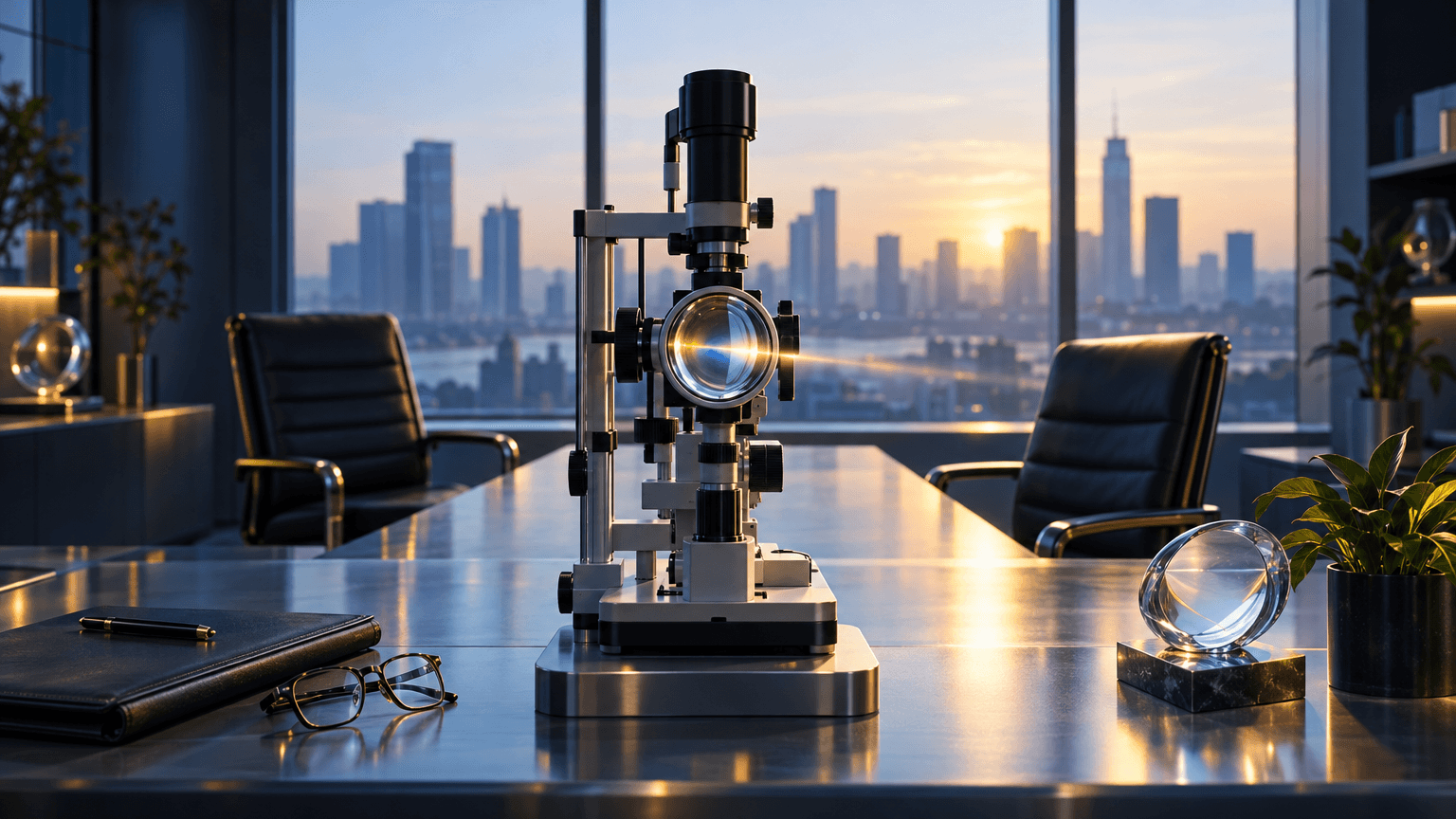 A boardroom scene with an empty and an occupied leather chair beside a precision optical lens instrument on a steel table, lit by soft dawn light through large windows, symbolizing a corporate leadership transition in an eye-care company.