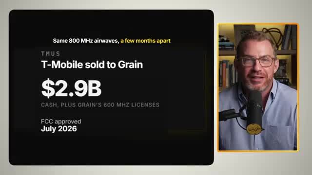 Stat overlay showing T-Mobile sold 800 MHz spectrum to Grain Management for $2.9 billion cash plus 600 MHz licenses, FCC approved in July