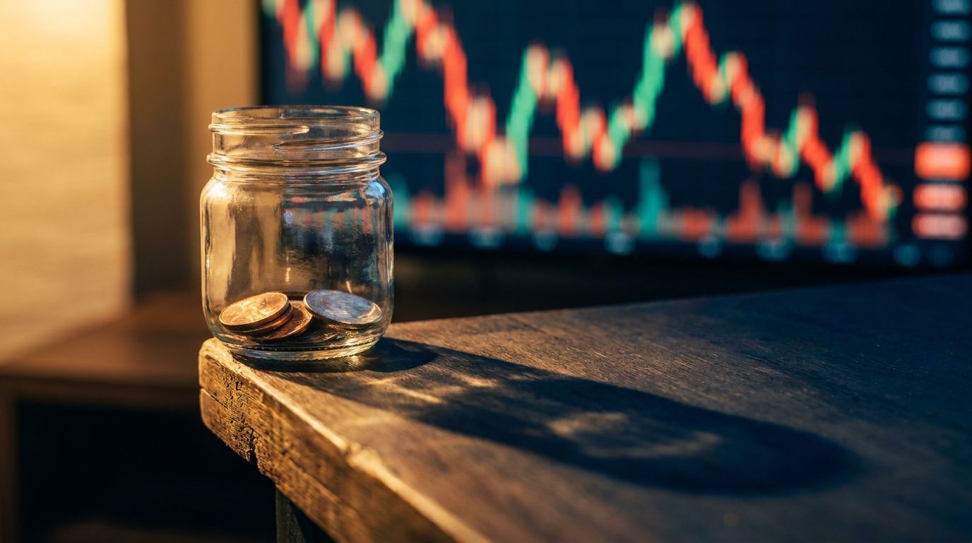 A small glass jar or piggy bank containing only a few coins sits at the edge of a table, visually teetering on the brink, with a dramatic shadow cast beneath it suggesting instability. The background subtly features a blurred stock chart with sharp, volatile price swings in red and green. The contrast between the tiny, fragile savings vessel and the overwhelming market movement around it instantly communicates financial vulnerability and the danger of oversized risk-taking with limited capital.